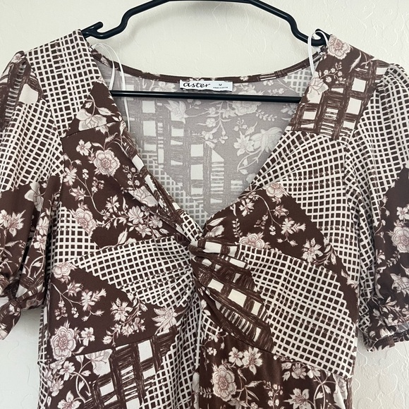 Aster women’s dress brown white floral checkered design artsy pockets medium - Picture 3 of 5